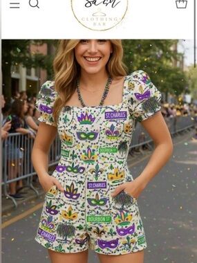 Women's Mardi Gras Print Puff-Sleeve Romper - Purple Green Gold
